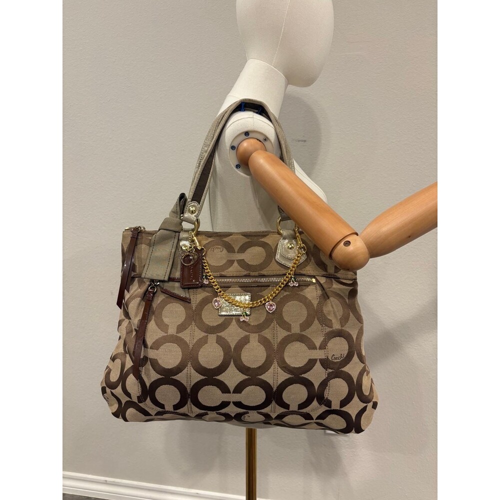 COACH OP ART SIGNATURE KHAKI AND BRONZE TOTE BAG